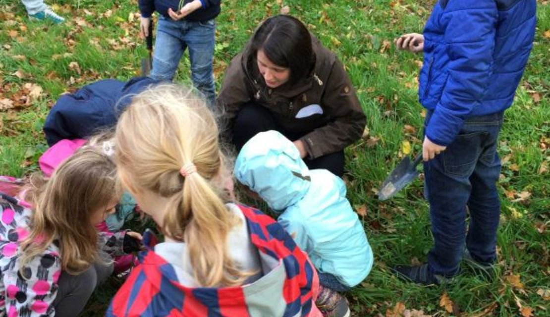 Das Bild zeigt eine Kindergruppe, beim Suchen von Regenwürmern..